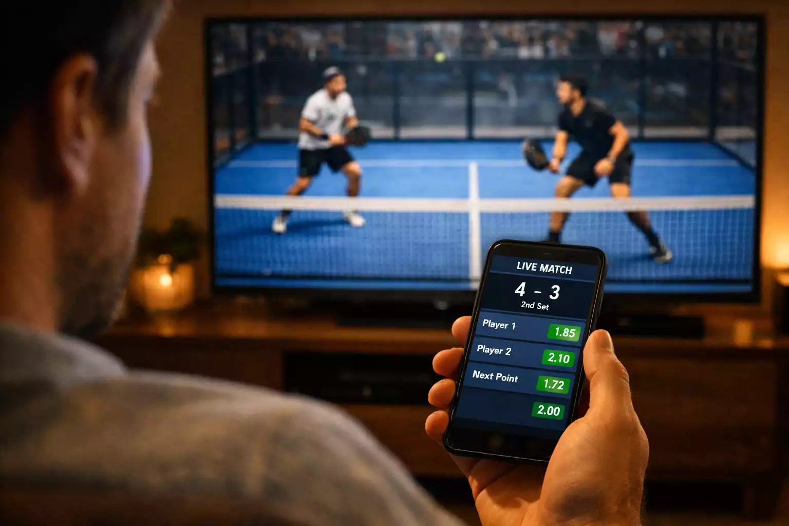 Aficionado siguiendo un partido de pádel en directo desde el móvil con cuotas en pantalla