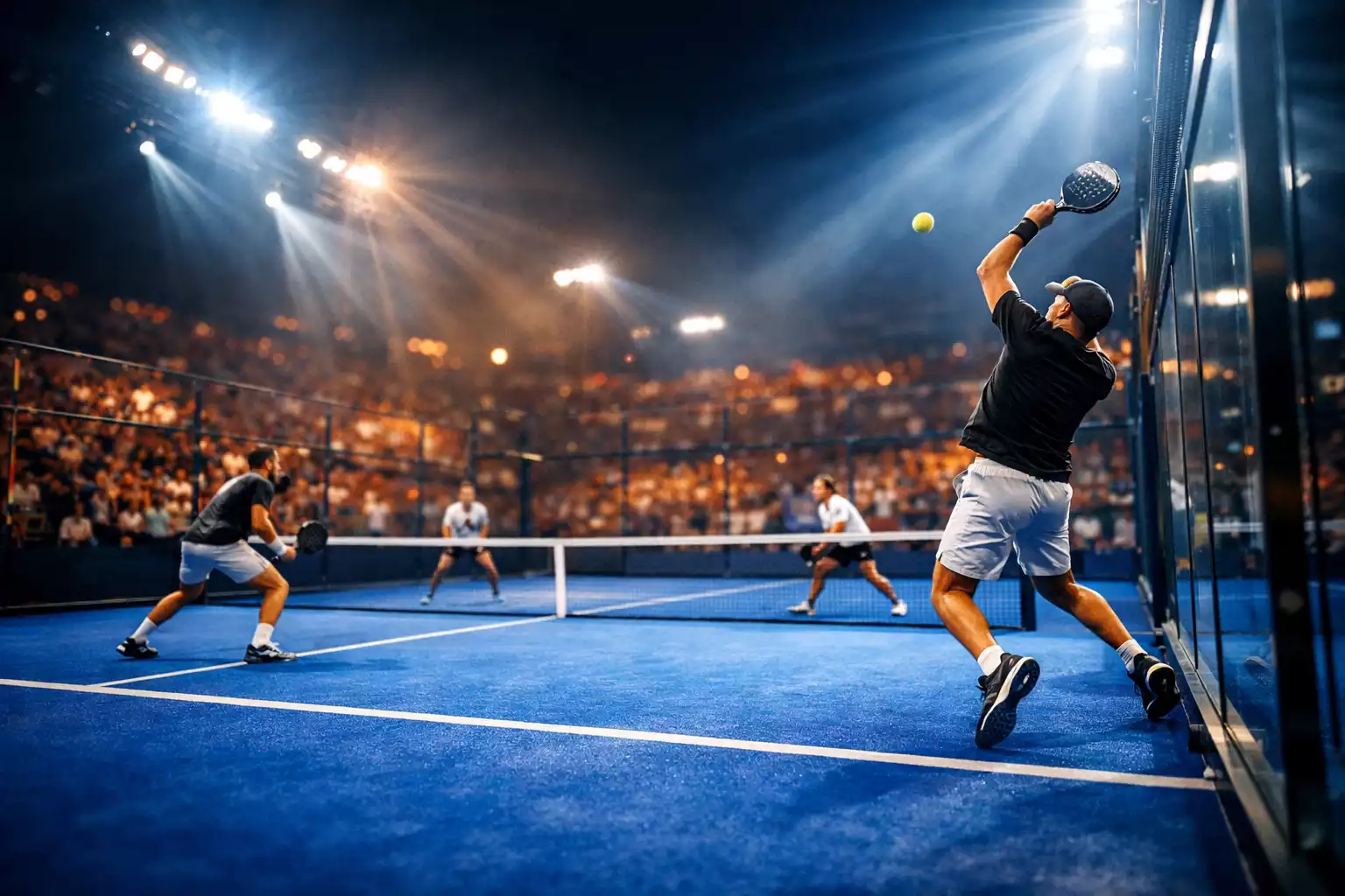 Pista de pádel profesional iluminada durante un partido de Premier Padel con gradas al fondo