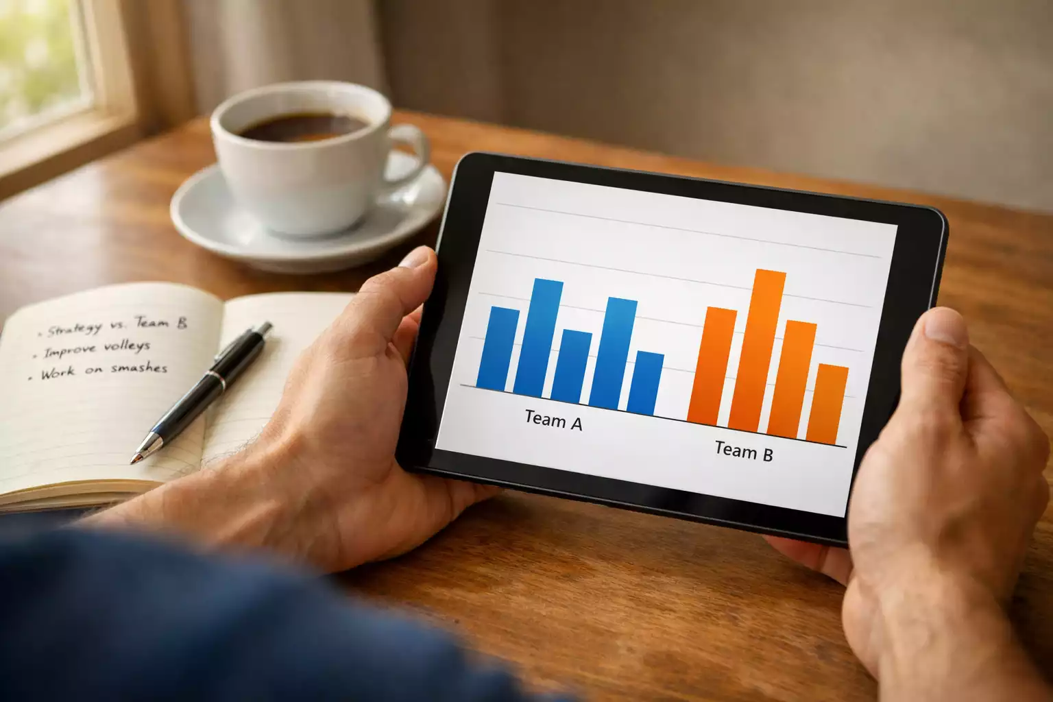 Persona analizando estadísticas de parejas de pádel en una tableta con gráficos de rendimiento