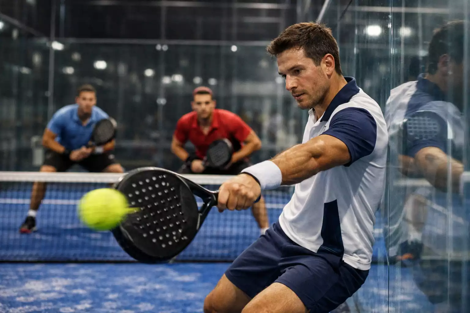 Dos parejas de pádel disputando un punto en pista de cristal durante un torneo profesional