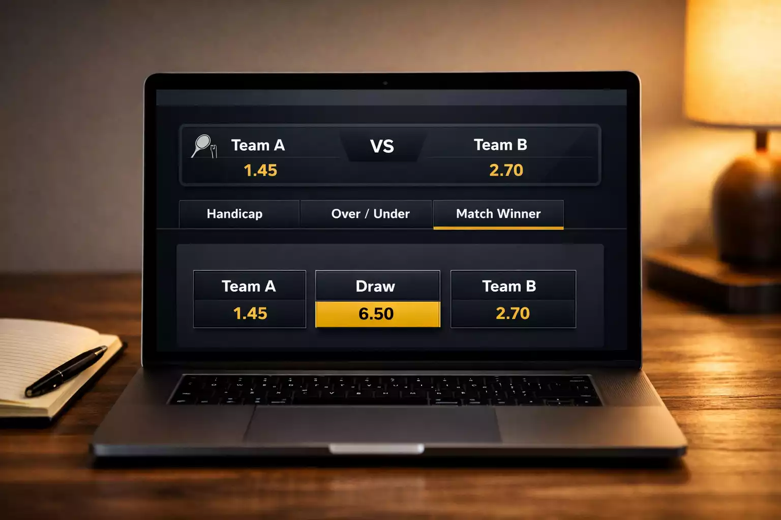 Pantalla de operador de apuestas mostrando mercados de pádel con cuotas de hándicap y over under